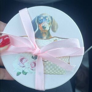 Pastel Pink LV Coasters Featuring Dogs in Louis Vuitton Neverfull Bags, NWT